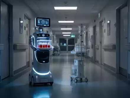 Ein autonomer Lieferroboter transportiert nachts Blutproben durch einen futuristischen Krankenhauskorridor. - Foto: über boerse-global.de