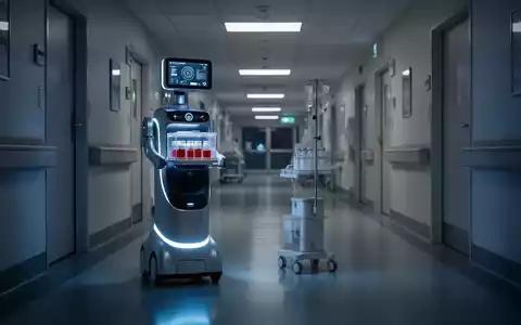 Ein autonomer Lieferroboter transportiert nachts Blutproben durch einen futuristischen Krankenhauskorridor. - Foto: über boerse-global.de