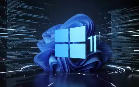 Stilisiertes, leuchtend blaues Windows 11-Logo in futuristischer digitaler Oberfläche mit verschwommenen Codezeilen und Datenfluss. - Foto: über boerse-global.de