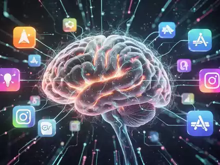 Stilisierte Gehirn mit digitalen Linien verbunden mit Produktivitäts-App-Icons, symbolisiert Kognitionswissenschaft und KI für Aufgabenmanagement. - Foto: über boerse-global.de