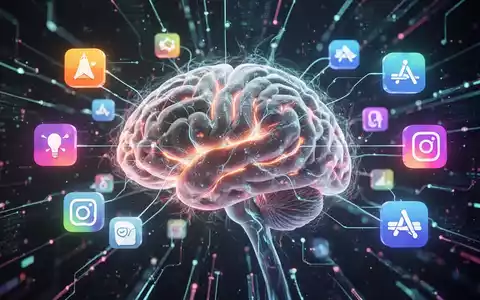 Stilisierte Gehirn mit digitalen Linien verbunden mit Produktivitäts-App-Icons, symbolisiert Kognitionswissenschaft und KI für Aufgabenmanagement. - Foto: über boerse-global.de