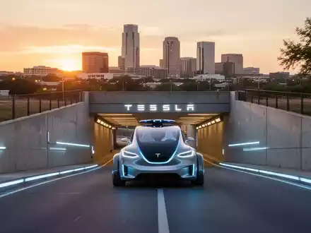 Ein futuristisches Tesla-Robotaxi verlässt einen hell erleuchteten Untergrundtunnel, die Skyline von Austin im Hintergrund bei Sonnenuntergang. - Foto: über boerse-global.de