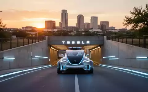 Ein futuristisches Tesla-Robotaxi verlässt einen hell erleuchteten Untergrundtunnel, die Skyline von Austin im Hintergrund bei Sonnenuntergang. - Foto: über boerse-global.de