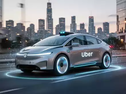 Ein futuristisches autonomes Robotaxi mit dezentem Uber-Logo fährt in der Dämmerung durch eine moderne Stadtstraße, verschwommene Skyline im Hintergrund. - Foto: über boerse-global.de