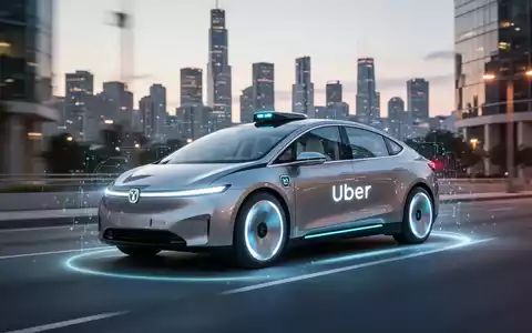 Ein futuristisches autonomes Robotaxi mit dezentem Uber-Logo fährt in der Dämmerung durch eine moderne Stadtstraße, verschwommene Skyline im Hintergrund. - Foto: über boerse-global.de