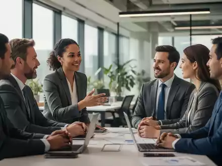 Eine Gruppe von Fachleuten bespricht sich in einem modernen Büro. Sie gestikulieren und hören aufmerksam zu, was eine kollaborative und vertrauensvolle Atmosphäre unterstreicht. - Foto: über boerse-global.de