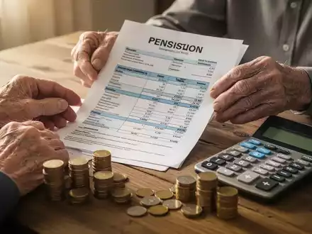 Hände einer älteren Person halten ein Rentendokument, mit einem Taschenrechner und Münzen auf einem Holztisch. - Foto: über boerse-global.de