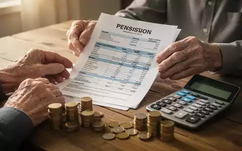 Hände einer älteren Person halten ein Rentendokument, mit einem Taschenrechner und Münzen auf einem Holztisch. - Foto: über boerse-global.de