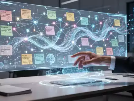 Ein futuristischer digitaler Arbeitsbereich mit einer leuchtenden Leinwand, die miteinander verbundene Knoten und Datenströme zeigt, während eine Hand mit einem holografischen Interface interagiert. - Foto: über boerse-global.de