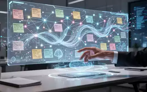 Ein futuristischer digitaler Arbeitsbereich mit einer leuchtenden Leinwand, die miteinander verbundene Knoten und Datenströme zeigt, während eine Hand mit einem holografischen Interface interagiert. - Foto: über boerse-global.de