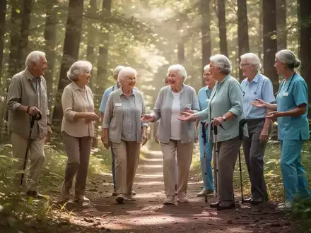Eine Gruppe Senioren und Menschen mit Demenz wandert mit Begleitpersonen auf einem Waldweg, die Sonne scheint durch die Bäume. - Foto: über boerse-global.de