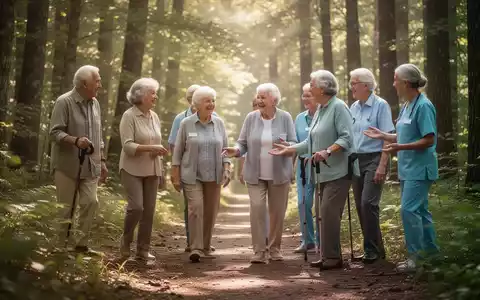 Eine Gruppe Senioren und Menschen mit Demenz wandert mit Begleitpersonen auf einem Waldweg, die Sonne scheint durch die Bäume. - Foto: über boerse-global.de