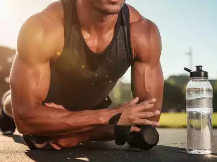 Eine sportliche Person trainiert bei warmem Wetter, umgeben von einem leichten Hitzeschleier, mit Fokus auf Muskeln und Hydration. - Foto: über boerse-global.de