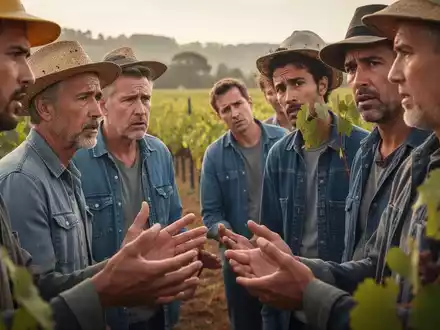 Arbeiter in einem Weinberg, die sich über die Auswirkungen des Mindestlohns austauschen, mit Fokus auf besorgte Gesichter oder Hände. - Foto: über boerse-global.de