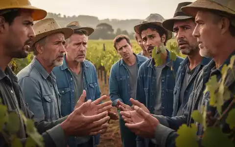 Arbeiter in einem Weinberg, die sich über die Auswirkungen des Mindestlohns austauschen, mit Fokus auf besorgte Gesichter oder Hände. - Foto: über boerse-global.de