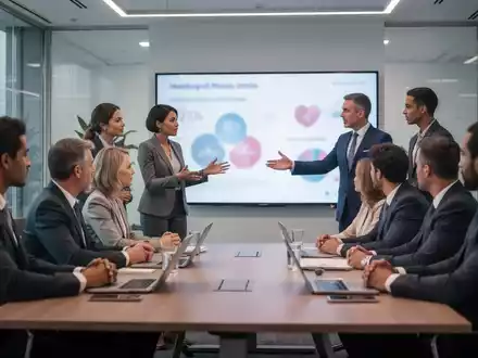 Eine Gruppe von Fachleuten bespricht in einem modernen Konferenzraum Daten zu psychischer Gesundheit und Digitalisierung am Arbeitsplatz. - Foto: über boerse-global.de