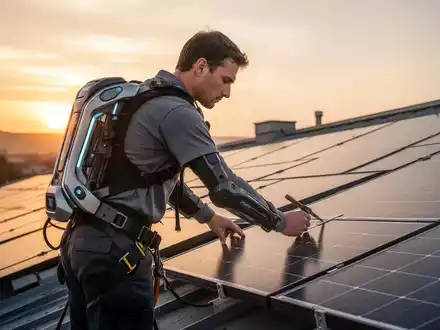 Ein Solartechniker trägt ein fortschrittliches Rücken-Exoskelett bei der Installation von Solarmodulen auf einem Dach bei Sonnenuntergang. - Foto: über boerse-global.de