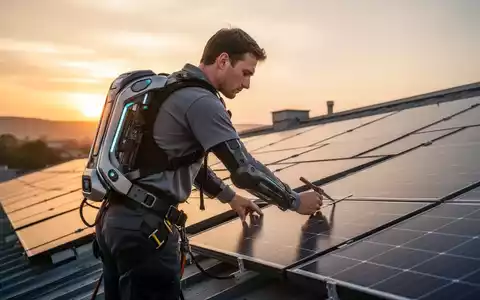 Ein Solartechniker trägt ein fortschrittliches Rücken-Exoskelett bei der Installation von Solarmodulen auf einem Dach bei Sonnenuntergang. - Foto: über boerse-global.de