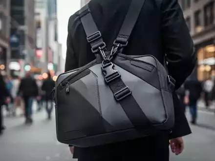 Eine Nahaufnahme einer modernen, diebstahlsicheren Tasche mit verstärkten Trägern, die von einer Person in einer belebten Stadt getragen wird. - Foto: über boerse-global.de