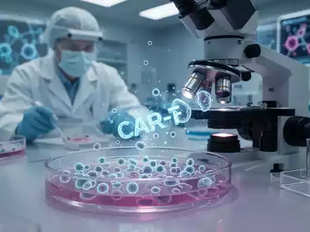 Ein Wissenschaftler arbeitet in einem sterilen Labor an einem Mikroskop, das leuchtende CAR-T-Zellen untersucht. - Foto: über boerse-global.de