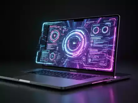 Schlankes, futuristisches MacBook Pro mit lebendigem OLED-Bildschirm, der eine dynamische, leuchtende digitale Oberfläche zeigt. - Foto: über boerse-global.de