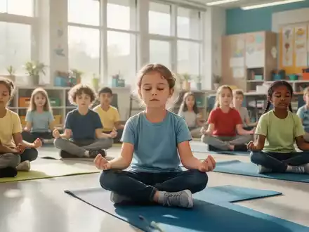 Eine Gruppe von Grundschulkindern sitzt in einem hellen Klassenzimmer in einer friedlichen Meditationshaltung auf Yogamatten. - Foto: über boerse-global.de