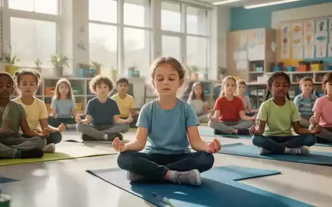 Eine Gruppe von Grundschulkindern sitzt in einem hellen Klassenzimmer in einer friedlichen Meditationshaltung auf Yogamatten. - Foto: über boerse-global.de