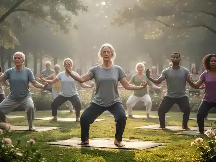Eine vielfältige Gruppe von Menschen praktiziert Qigong oder Meditation im Freien in einem ruhigen Park bei sanftem Morgenlicht. - Foto: über boerse-global.de