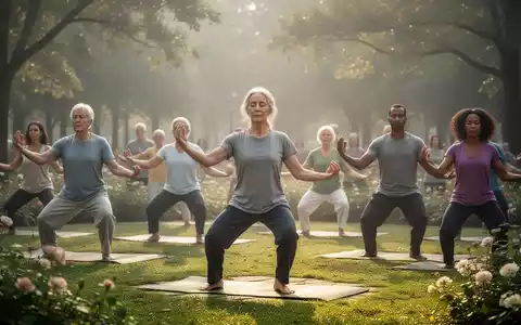 Eine vielfältige Gruppe von Menschen praktiziert Qigong oder Meditation im Freien in einem ruhigen Park bei sanftem Morgenlicht. - Foto: über boerse-global.de