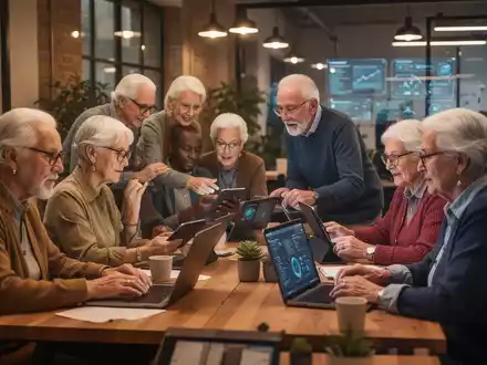 Senioren in digitalem Unternehmertum, arbeiten mit Laptops und Tablets in einem modernen Co-Working-Space, repräsentieren die Silberwirtschaft. - Foto: über boerse-global.de