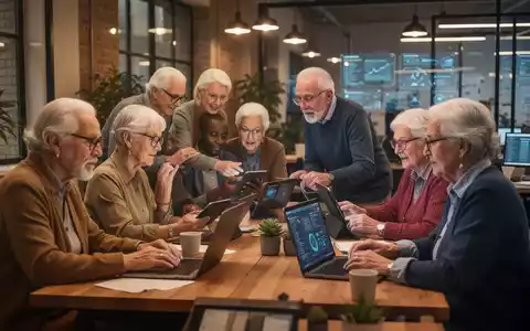 Senioren in digitalem Unternehmertum, arbeiten mit Laptops und Tablets in einem modernen Co-Working-Space, repräsentieren die Silberwirtschaft. - Foto: über boerse-global.de