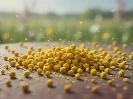 Makroaufnahme von gelben Blütenpollen, die auf einer Oberfläche verstreut sind. - Foto: über boerse-global.de