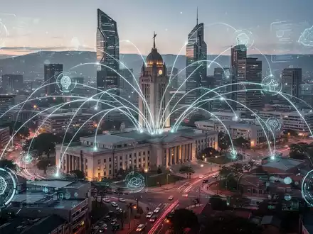 Digitale Netzlinien verbinden Gebäude in einer futuristischen Gauteng-Stadtlandschaft, Symbol für E-Government und technologischen Fortschritt. - Foto: über boerse-global.de