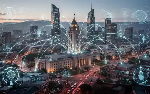 Digitale Netzlinien verbinden Gebäude in einer futuristischen Gauteng-Stadtlandschaft, Symbol für E-Government und technologischen Fortschritt. - Foto: über boerse-global.de