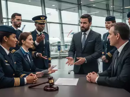 Mitarbeiter einer Fluggesellschaft, darunter Piloten und Kabinenpersonal, diskutieren mit einem Vertreter des Betriebsrats in einem modernen Flughafenterminal. - Foto: über boerse-global.de