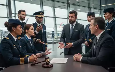 Mitarbeiter einer Fluggesellschaft, darunter Piloten und Kabinenpersonal, diskutieren mit einem Vertreter des Betriebsrats in einem modernen Flughafenterminal. - Foto: über boerse-global.de