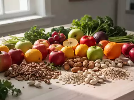 Nahaufnahme einer Auswahl gesunder Lebensmittel wie Obst, Gemüse, Nüsse und Vollkornprodukte auf einem Holztisch. - Foto: über boerse-global.de