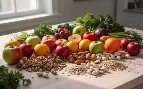 Nahaufnahme einer Auswahl gesunder Lebensmittel wie Obst, Gemüse, Nüsse und Vollkornprodukte auf einem Holztisch. - Foto: über boerse-global.de