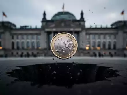 Ein fallendes deutsches Euro-Stück vor verschwommenen Regierungsgebäuden, das Haushaltskürzungen und Bonitätsherabstufung symbolisiert. - Foto: über boerse-global.de