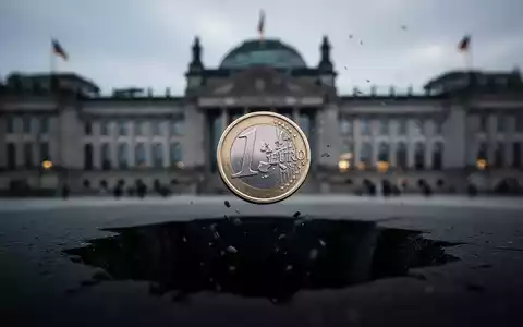Ein fallendes deutsches Euro-Stück vor verschwommenen Regierungsgebäuden, das Haushaltskürzungen und Bonitätsherabstufung symbolisiert. - Foto: über boerse-global.de