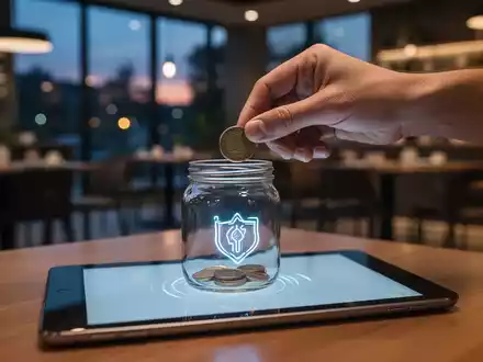 Eine Hand legt eine Münze in ein digitales Trinkgeldglas auf einem Tablet in einem modernen Café. - Foto: über boerse-global.de