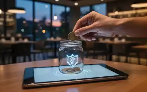 Eine Hand legt eine Münze in ein digitales Trinkgeldglas auf einem Tablet in einem modernen Café. - Foto: über boerse-global.de