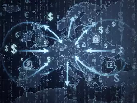 Eine stilisierte Darstellung grenzüberschreitender Finanztransaktionen und Datenflüsse, mit EU-Grenzen und Pfeilen für Geld- und Informationsbewegung. - Foto: über boerse-global.de
