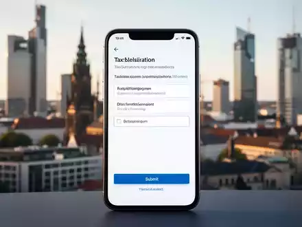 Ein Smartphone zeigt eine digitale Steuererklärung mit einem 'Senden'-Button, im Hintergrund eine verschwommene deutsche Stadtlandschaft. - Foto: über boerse-global.de