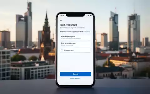 Ein Smartphone zeigt eine digitale Steuererklärung mit einem 'Senden'-Button, im Hintergrund eine verschwommene deutsche Stadtlandschaft. - Foto: über boerse-global.de