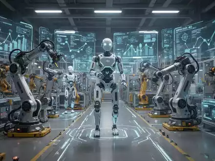 Humanoide Roboter und digitale Schnittstellen in einer hochmodernen Fabrik, die die Integration von KI in Lieferketten symbolisieren. - Foto: über boerse-global.de