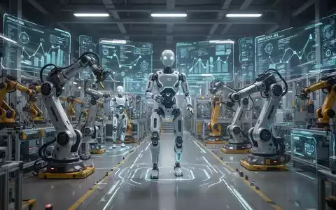 Humanoide Roboter und digitale Schnittstellen in einer hochmodernen Fabrik, die die Integration von KI in Lieferketten symbolisieren. - Foto: über boerse-global.de