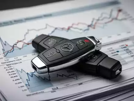 Ein Mercedes-Benz Autoschlüssel liegt auf Finanzberichten mit fallenden Grafen im Hintergrund, symbolisiert Sparmaßnahmen und Arbeitszeitänderungen. - Foto: über boerse-global.de