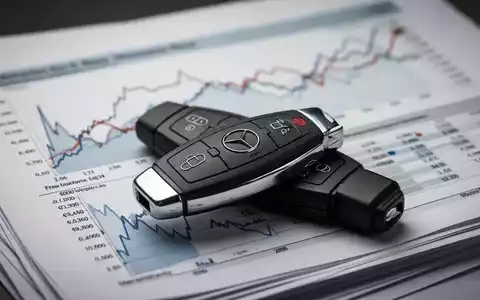 Ein Mercedes-Benz Autoschlüssel liegt auf Finanzberichten mit fallenden Grafen im Hintergrund, symbolisiert Sparmaßnahmen und Arbeitszeitänderungen. - Foto: über boerse-global.de