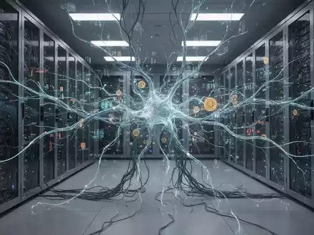 Ein verschachteltes, leuchtendes Netzwerk digitaler Linien und Datenströme in einem modernen Serverraum, das unkontrolliertes KI-Wachstum symbolisiert. - Foto: über boerse-global.de